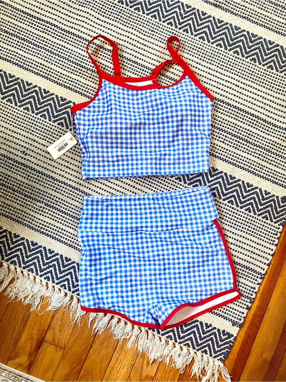 NWT Blue Gingham Women’s High Wasted Two-Piece Swim Set with Red Trim